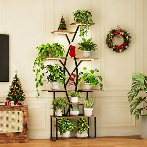 Image of Plant Stand Indoor with Grow Lights - 9 Tiered 66 inch Tall Metal Plant Shelf, Curved Plant Stand with Adjustable Feets for Multiple Plants, Corner Flower Shelf for Living Room, Patio