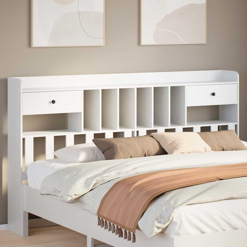 Tête de lit avec espace de rangement, blanc, 180 cm, en pin massif avec 6 compartiments et 2 tiroirs, autonome, peu encombrant, pour chambre à coucher, lit double, confortable pour lire et