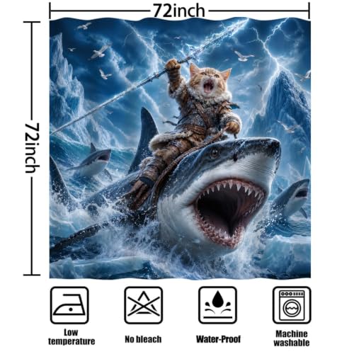 Image of iTapnoom Funny Cat Riding Shark Shower Curtain, Fun Cool Animal Ocean Nautical Coastal Blue Sky Boys Men Bathroom Decor, Waterproof Washable Fabric with Hooks 72x72 Inch