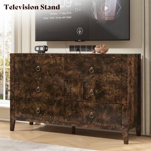 Image of AMERLIFE 47 inch Wide 6 Drawer Dresser with High Gloss Burl Wood, Brown | Mid-Century Modern Dresser & Chest of Drawers, Anti-Tip Storage Organizer for Bedroom, Living Room, Office, and Entryway