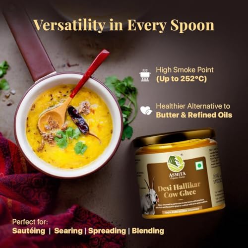 Image of Asmita Organic Farms Hallikar Cow A2 Ghee 250ml (Glass Jar) | Hand-Churned Traditonal Bilona Method | Grass-Fed & Pasture-Raised in Karnataka | Rich Aroma | Healthy & Natural Danedar Desi Ghee