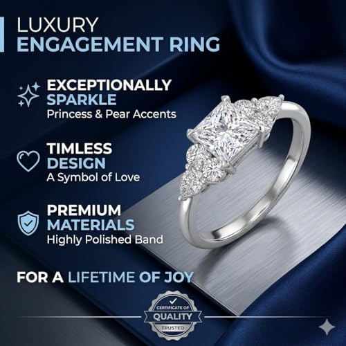 Image of Choose Your Gemstone Princess Shape Accented Engagement Ring 925 Sterling Silver Minimal Modern Design Birthday Gift Wedding Gift Side Stone Engagement Rings : US Size 4 to 12