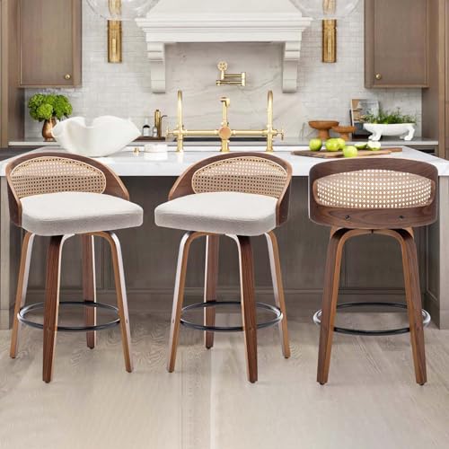 Image of 24.8 inch Swivel Rattan Bar Stools Mid-Century Modern Beige Linen Fabric Upholstered Counter Height Stools,Kitchen Island Barstools with Rattan Low Backrest,Walnut Wood Finish Bar Chair,1PCS