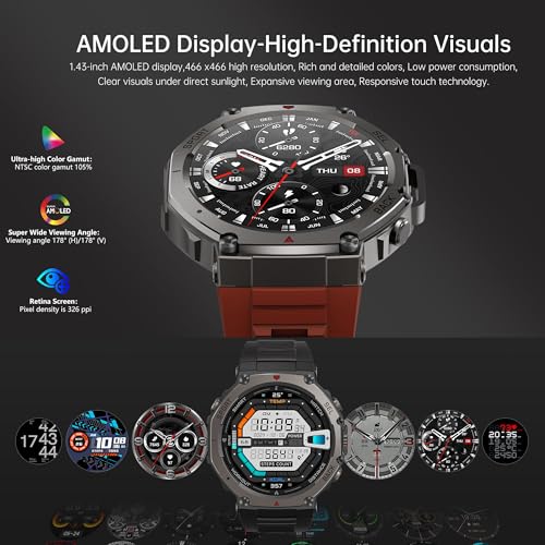 Image of Shyenah DM58 GPS Adventure & Sports Smartwatch - 1.43 HD AMOLED Display | 5ATM Waterproof, 170+ Sports Modes | Compass, Altimeter | 24H Sleep, HR, SpO2 & Stress Monitoring | 500mAh Battery(Black Band)