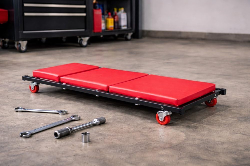 START Lettino Per Meccanico 100Kg Con Poggiatesta Regolabile | Lettino Sottomacchina Officina Con Ruote Girevoli E Struttura Imbottita Compatta 91x42,5x10 cm