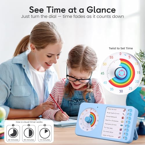 Image of 2-in-1 Visual Timer with Task Board for ADHD & Autism, Dry Erase Chore Chart and Visual Schedule for Kids & Adults, Rainbow Countdown Timer for Classroom, Home, Homeschooll (Blue)