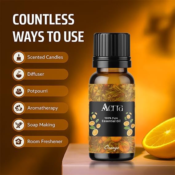 Image of Aerra Orange Essential Oil 15ml | Diffuser 100% pure steam-distilled. Triple-tested purity. Amber glass + dropper. Soft floral aroma. Diffuser, aroma lamp, skin & hair. Potpourri. Vegan. Daily use.