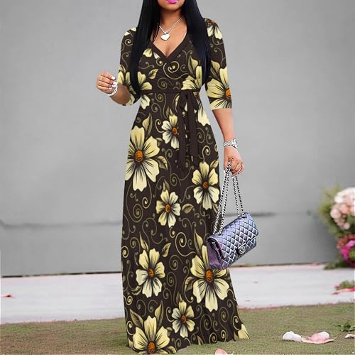Image of PinkPatty Women's Print Maxi Dresses 3 /4 Sleeve Flowy Long Dress V Neck Wrap Tie Waist Sundress