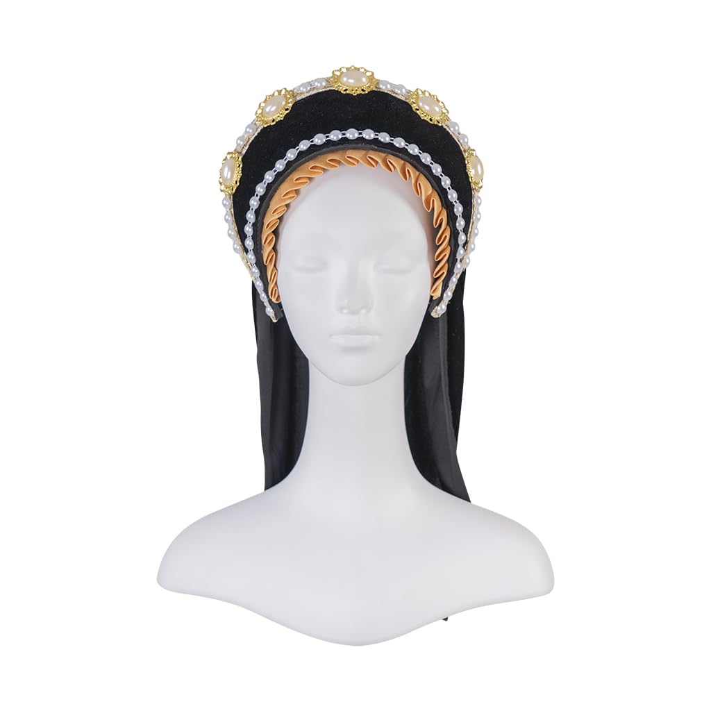 Willyacos Tudor French Hood Anne Boleyn Costume Headpiece Elizabethan Headwear Renaissance Tudor Hat Headdress Headband, Black, One Size