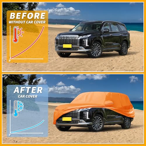 Image of Car Cover Waterproof All Weather Automotive Outdoor Anti-UV Full Exterior Cover for Hyundai Palisade 210D-PU Orange with Left Side Zippers