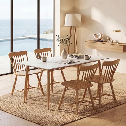 Image of COSTWAY Windsor Chairs Set of 2, Armless Solid Wood Dining Chairs with Spindle Backs, Farmhouse Kitchen Side Chair for Dining Room, Kitchen, Small Space (Natural)