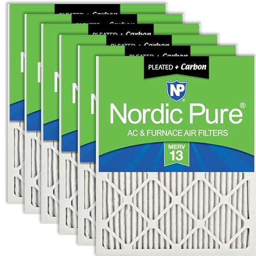 Image of Nordic Pure 20x25x1 Pleated Pleated MERV 13 Plus Carbon Air Filters 6 Pack | Actual Size: 19 1 /2 x 24 1 /2 x 3 /4 Made in USA, Advanced HVAC Furnace Filtration, Pet & Household Odor Control