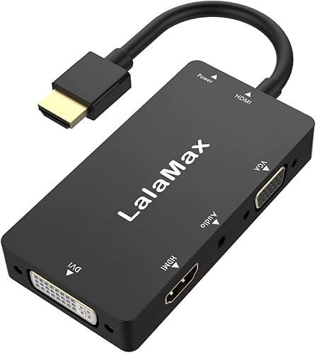 lalamax HDMI a VGA DVI HDMI con adaptador de audio multipuerto 4 en 1 convertidor dongle divisor de 0.138in Jack para dispositivos portátiles (negro)
