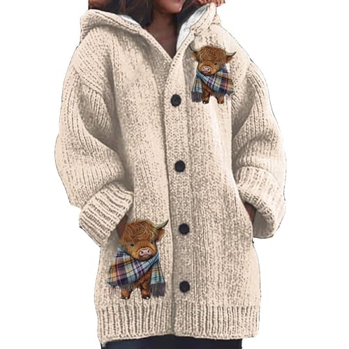 Womens Highland Cow Print Knitted Cardigan Casual...
