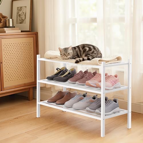 Image of Smiry Bamboo Shoe Rack, 5 Horizontal Slats, 3 Tier - 26.8 inch Wide, White
