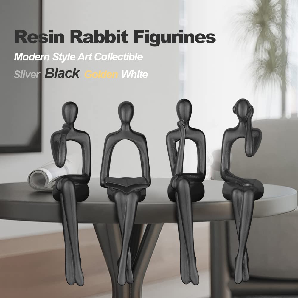 Lot de 4 statues de penseur noires pour décoration de la maison - Abstrait assis - Sculpture de bureau - Décoration de table (noir)