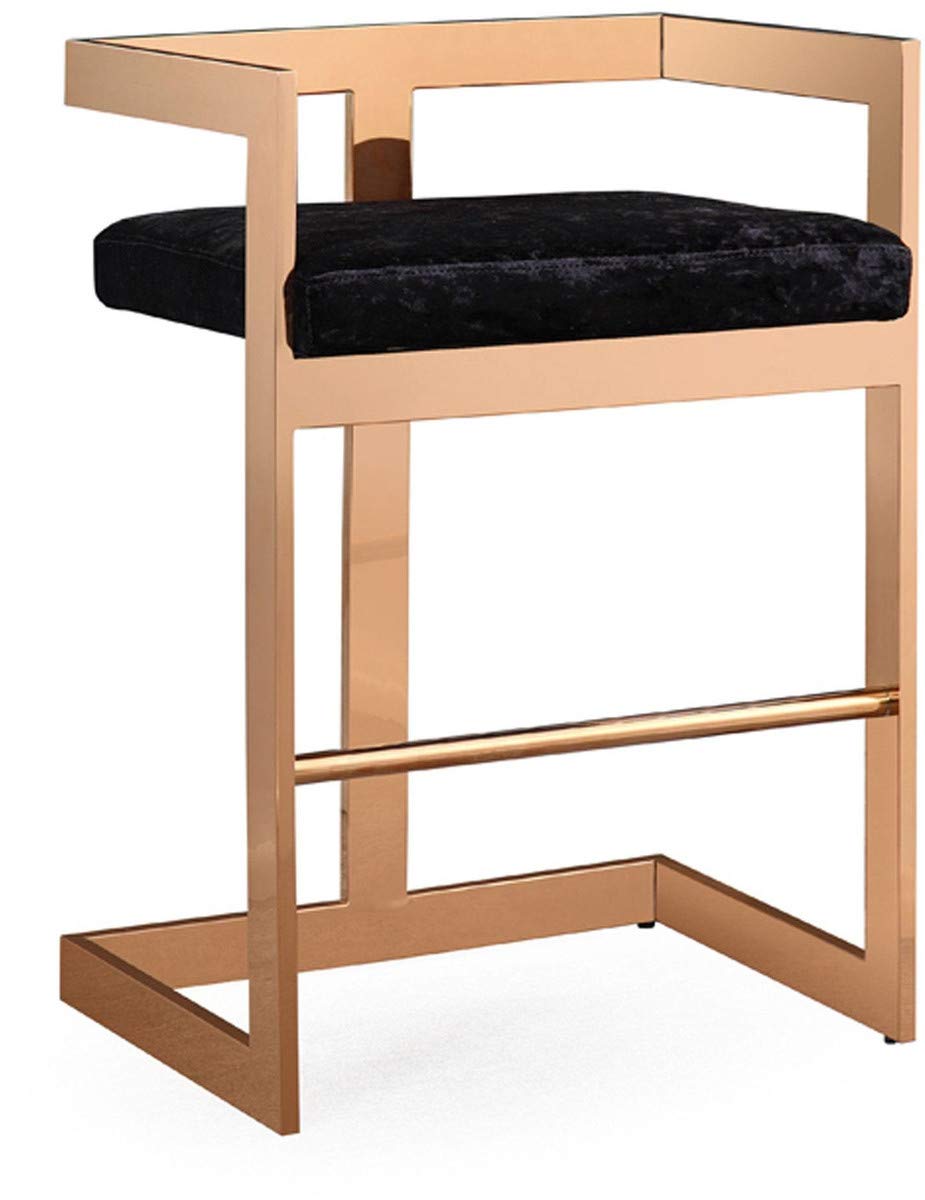 TOV Furniture The Marquee Collection Modern Style Velvet Upholstered Kitchen Dining Counter Stool with Rose Gold Base, Black