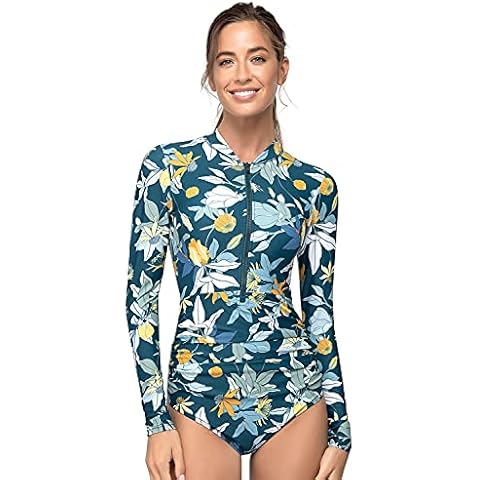 AXESEA Womens Rash Guard Long Sleeve One Piece Swimsuit Ruched Zip Bathing Suit Cover
