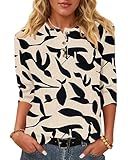 WNEEDU T-Shirt Damen 3/4 Arm Bluse - Henley Shirt Rundhals Tshirt Leichte Pullover Lässig Tops Basic Ganzjahres Oberteile mit Knöpfe Aprikose-Schwarz-Blattmuster XXL