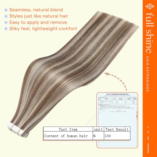 Image of Full Shine Seamless Tape in Extensions Human Hair, 12 Inch Ash Brown Blonde | 30g 20PCS, Double Sided Tape in Hair Extensions, Invisible Straight Finish Soft Remy Texture for Wedding Styling