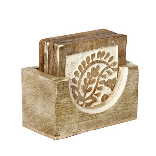 Icrafts - Juego de 4 posavasos de madera para bebidas con soporte fabricados a mano, color blanco