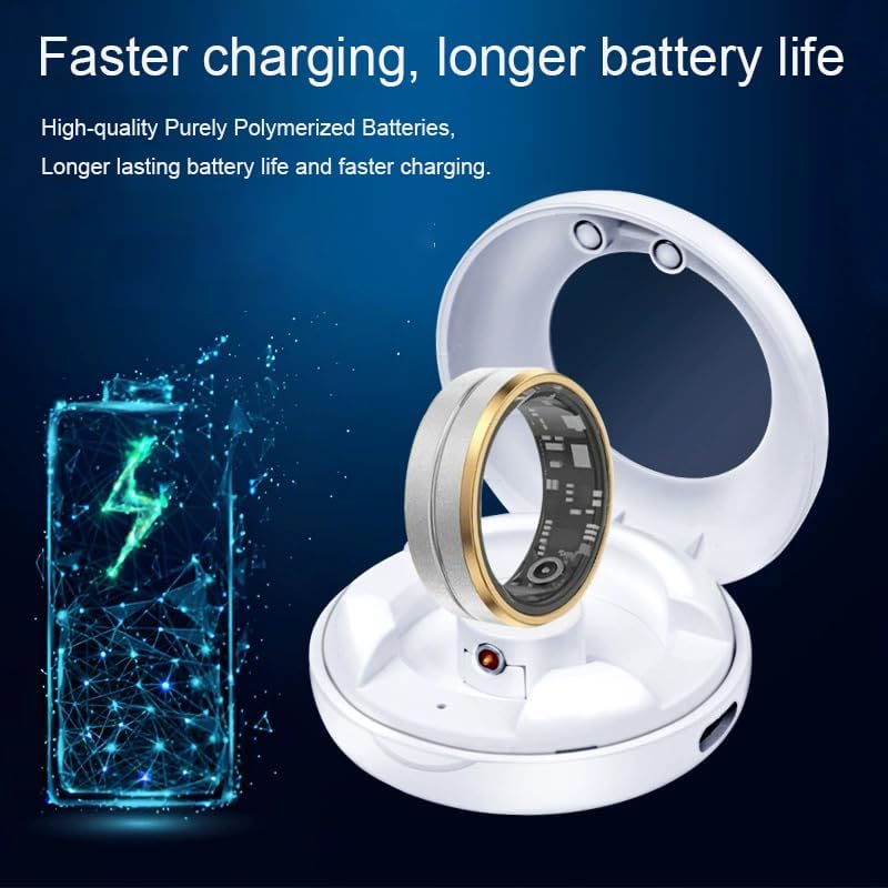 A smart ring charging in the case, with a graphic representing fast charging and longer battery life.