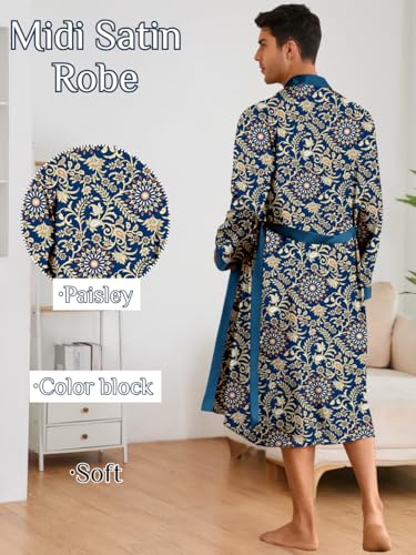 Men's Satin Kimono Robe Set with Shorts, 2 Piece Lightweight Bathrobe with Belt, Long Sleeve Silk Sleepwear3