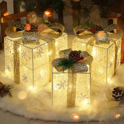 Set of 3 Christmas Lighted Gift Boxes, 60 LED Light Up Snowflake Champagne Gold Strap Box Decorations for Outdoor Indoor Christmas Tree, Yard, Home Decor