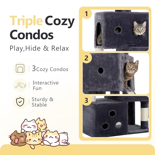 Image of Heybly Cat Tree, 74-Inch Streamlined Cat Tower for Large Cats HCT061G | Cat Furniture with 3-Tier Stacked Condos, Large Perch, Sturdy Base, Full Sisal Scratching Posts & Ramp, Smoky Gray