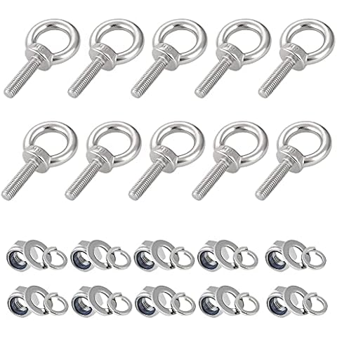 hannger Eye Bolts with Nuts, M8 10Pcs EyeBolts Stainless Steel Machinery Shoulder Lifting Ring Eye Bolt Heavy Duty Screws Bolt with Lock Nuts & Lock Washers, Flat Washers - Thread Length 30mm Cover