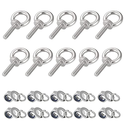 hannger Eye Bolts with Nuts, M8 10Pcs EyeBolts Stainless Steel Machinery Shoulder Lifting Ring Eye Bolt Heavy Duty Screws Bolt with Lock Nuts & Lock Washers, Flat Washers - Thread Length 30mm