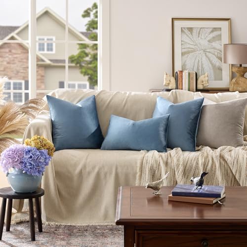 Image of GIGIZAZA Stone Blue 12x20 Velvet Decorative Lumbar Throw Pillow Covers for Sofa Bed 2 Pack Soft Cushion Cover