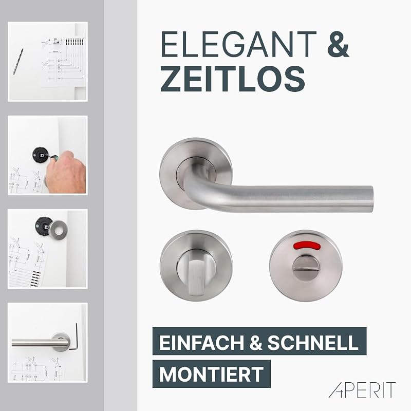 Aperit Rozsdamentes Acél Ajtókilincs Pár WC Zárral - Matt Ezüst L Modell Fürdőszobai Beltéri Ajtókhoz, Szerelési Kellékekkel