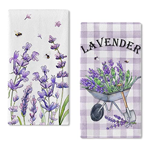 Seliem Spring Lavender Flower Kitchen Dish Towel Set of 2, Purple Buffalo Plaid Check Hand Towel Floral Cart Drying Baking Cooking Cloth, Bee Summer Seasonal Kitchen Decor 18x26 Inches