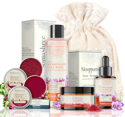 Image of PUREUS Khadi Herbals Kumkumadi Oil Face Serum, Kumkumadi Night Cream & Kumkumadi Face Wash + Beetroot Lip Balm & Lip Scrub for Natural Radiance & Healthy Lips | Kumkumadi Combo Kit Women & Men 310 ml