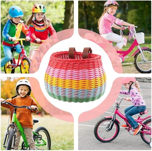 Yeehliny Fahrradkorb Kinder, Fahrradkorb Geflochten für Mädchen und Kinder vorne, Laufradkorb Lenkerkorb Lenkerkörbchen Körbchen für Fahrrad aus Kunststoff, mit Lederriemen (Stil B/23.5cm/Bunt)