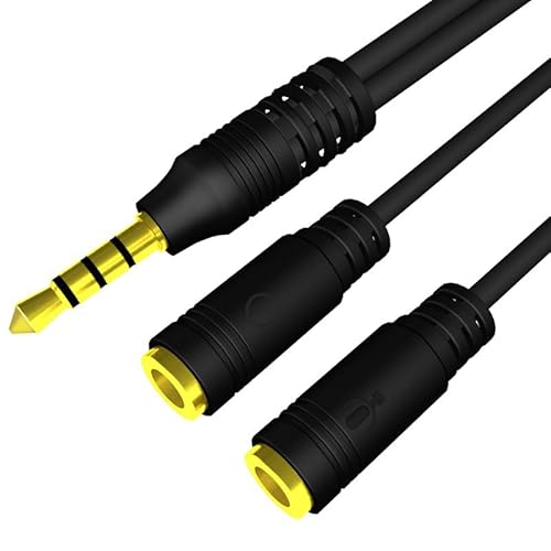 イヤホン分岐ケーブル イヤホンジャック 通話可能 二股 2分配 3.5mm分配ケーブル 15cm 4極ミニプラグオス to 2x4極ステレオメス 金メッキ パソコン ヘッドホン ヘッドフォン スピーカ タブレットなど対応 (4極ミニプラグ,ブラック, 1本