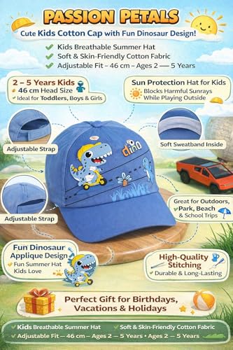 Image of PASSION PETALS Summer Dino Rockstar Baseball Cap for Kids Boys and Girls 2-4Years