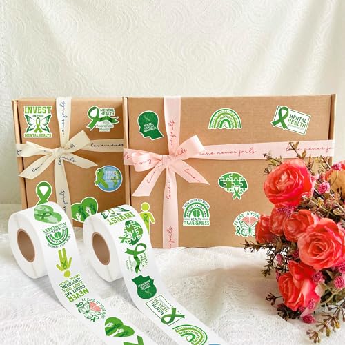 Image of Mental Health Awareness Stickers - 1000 Pcs Green Ribbon Mental Health Awareness Month Waterproof Vinyl Reusable Laptop Stickers Coloring Scrapbook Water Bottle Page Activity Pad Party Favors