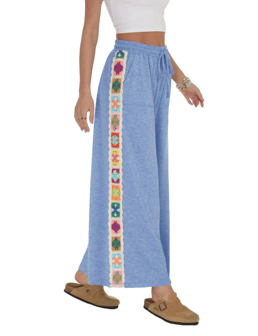 Haellun Womens Casual Comfy Pants High Waist Boho Wide Leg Cropped Palazzo Crochet Beach Pants with Pockets