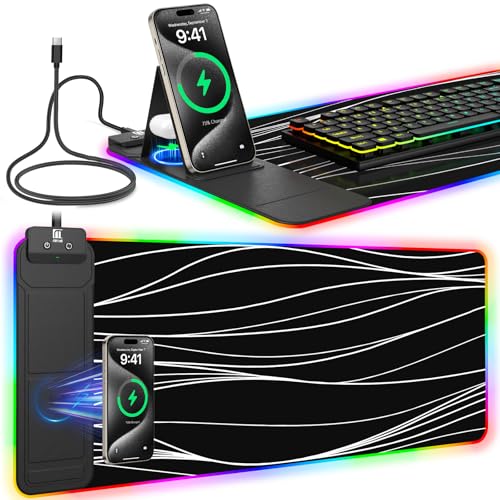 Image of RGB Mouse Pad with Foldable Phone Stand Wireless Charger, 31.5 inchx11.8 inch XL Gaming Mousepad Large Desk Mat, Desk Pad with 11 Colors 5 Modes, Waterproof
