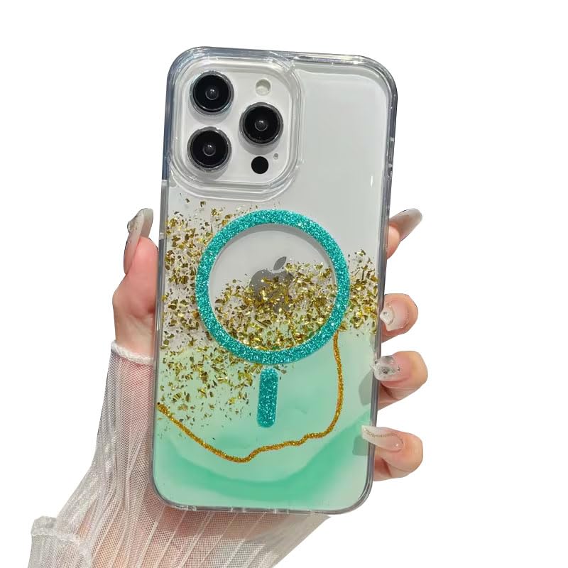Image of mobistyle Compatible with iPhone 13 Pro | Magentic Glitter Gradian Elegant | Camera Lens Protection Back Cover Case for Women Girls iPhone 13 Pro (Green)