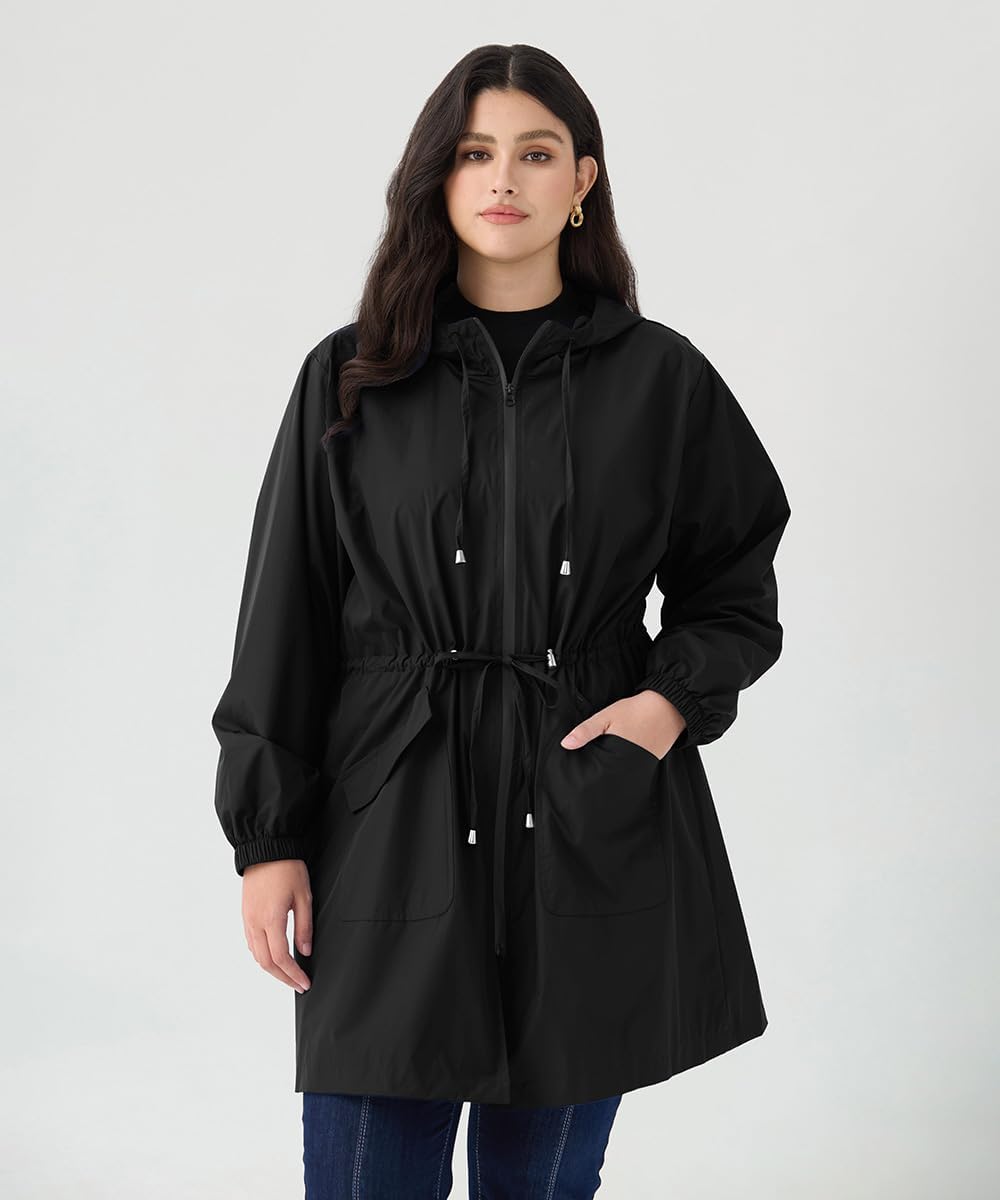 CARCOS Women Plus Size Raincoat Lightweight Waterproof Rain Jacket Travel Hooded Trench Coat XL-5XL - Image 2