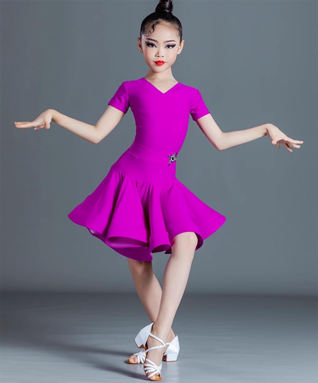 OTMYIGO Vestido latino de manga larga para niñas, vestido de leotardo de salón de baile, vestido de baile latino, vestido de bailarina, competición de baile