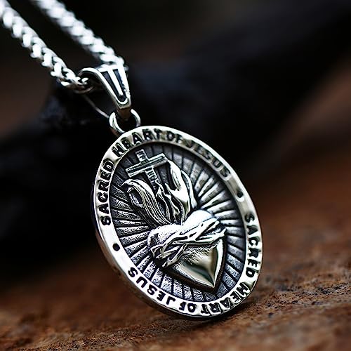 Sacred Heart of Jesus Necklace, Stainless Steel Jesus Christ Sacred Heart Medal, Punk Pendant Necklace Trendy Jewelry Christian Amulet Christian Gift4