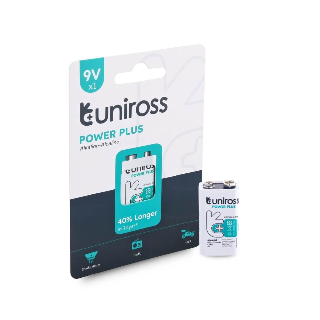 Uniross Power Plus Alkaline Battery 9V/6LR61 Reliable Performance, Long Shelf Life, Rugged, leak-proof Battery Pack of 1