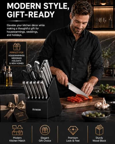 Astercook Knife Set 15 Piece German Steel Kitchen Knife Block Set | Wooden Block with Built-in Sharpener, One-Piece Design, Dishwasher Safe, Rust-Resistant, 6 Steak Knives, For Cooking & Gift - image 7