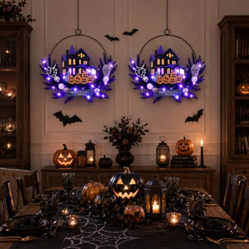 Halloween Wreath with Lights, 15.7 Inch, 6H On/18H Off Timer - image 3