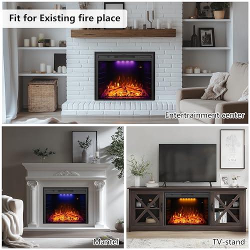 Electric fireplace installed in various settings: a wall, a mantel, and a TV stand