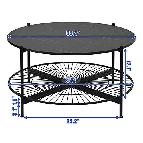 Image of NSdirect Round Coffee Table,36 inches Rustic Wooden Tabletop and Reinforced Crossbar with Open Storage Shelf Vintage Circle Cocktail Table with Metal Legs for Living Room,Black